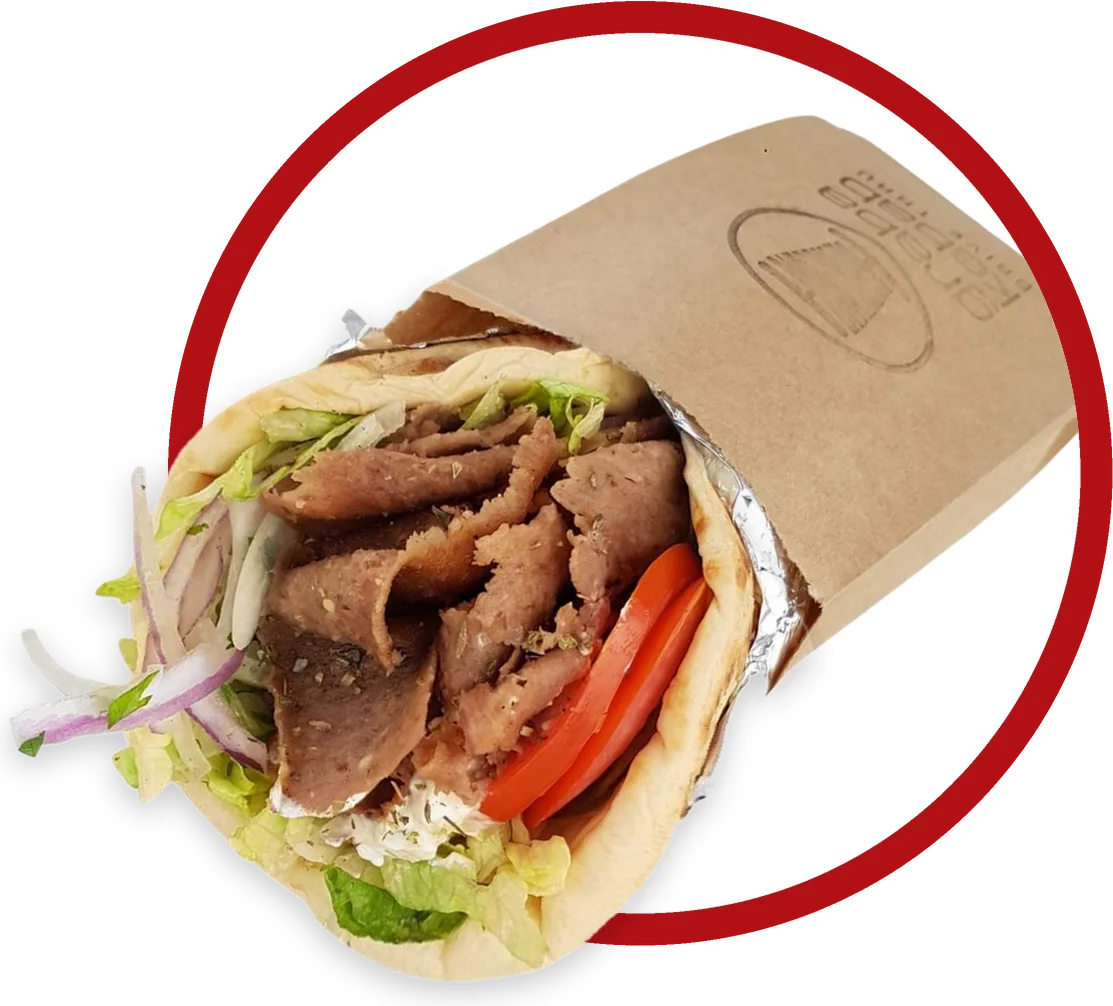 A kebab in toasted lavash, in a Grab A Kebab bag